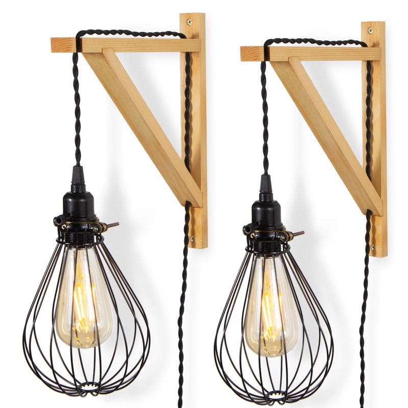 Rustic State Palma Wall Mount Wood Triangle Sconce Bracket for Plug in Hanging Pendant Light Lamp Cord Kit Fixture - DIY Shelf Project Decoration - Decorative Plant Hanger - Natural - Set of 2 - Image 3
